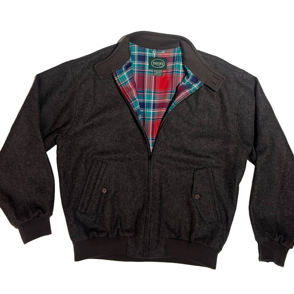 VTG IZod Harrington Jacket Mens MD Wool Tartan Plaid Lined Full Zip Bomber Coat